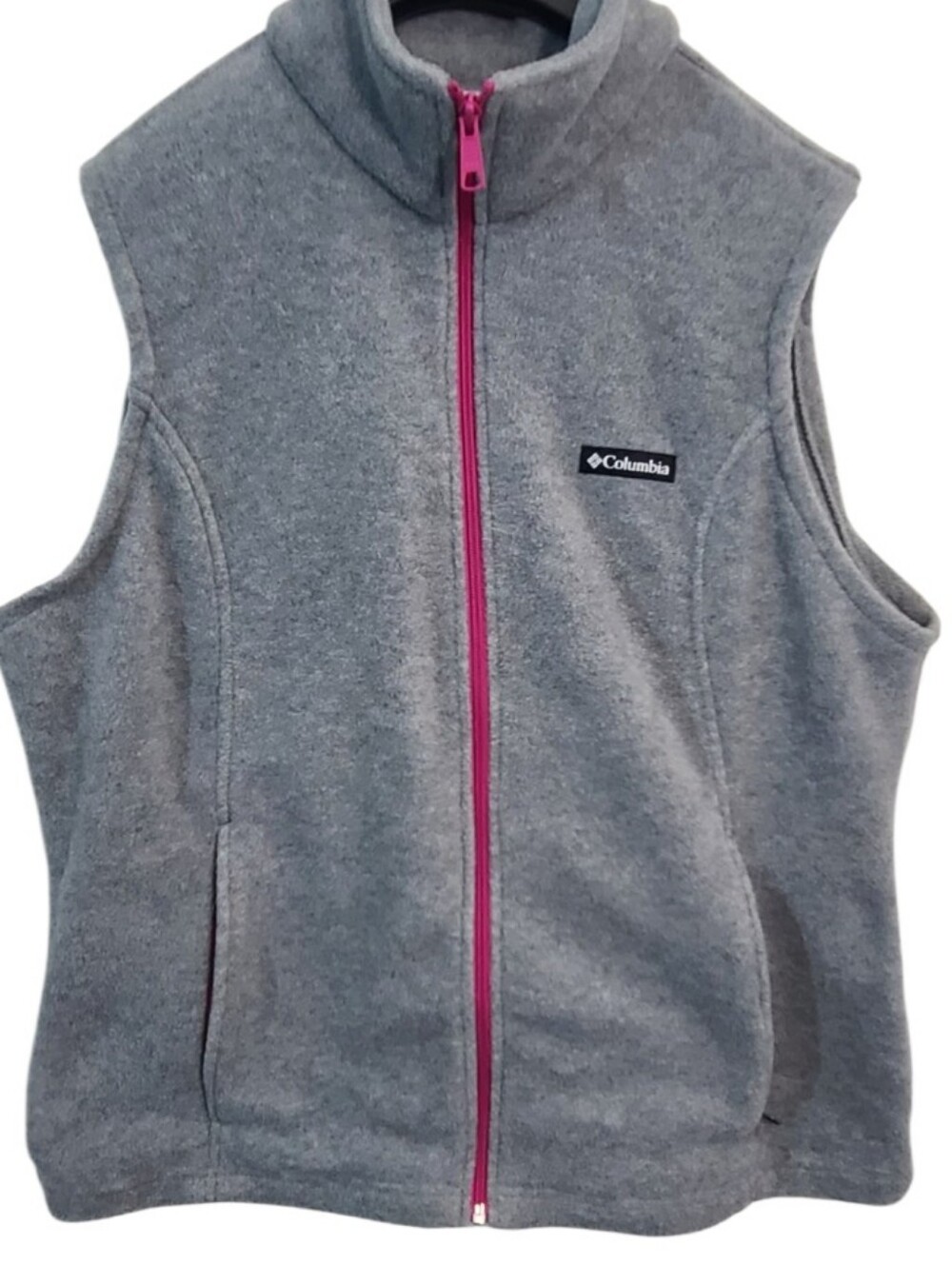 Columbia Women’s XL Gray Fleece Full Zip Vest Pink Zipper Outdoor Layer